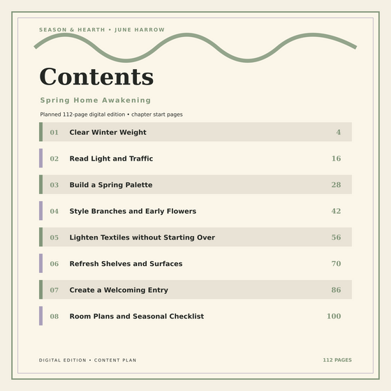 Contents preview with chapter start pages for Spring Home Awakening.