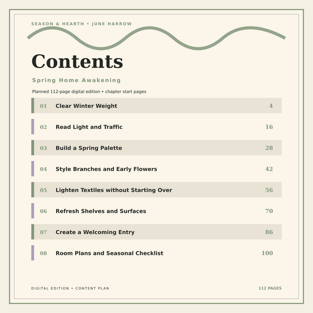 Contents preview of Spring Home Awakening, a SEASON & HEARTH digital guide.